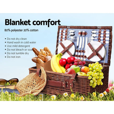 Alfresco 4 Person Picnic Basket Set Insulated Blanket Storage Bag Blue - Decorative Picnic Baskets